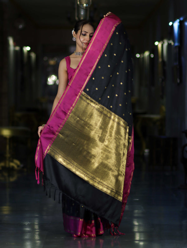 Banarasee Handloom Semi Silk Saree With Buti Design & Contrast Border-Black & Magenta