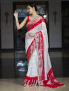 Banarasee Handwoven Chiffon Saree With Zari Buta Work & Contrast Border-White & Red