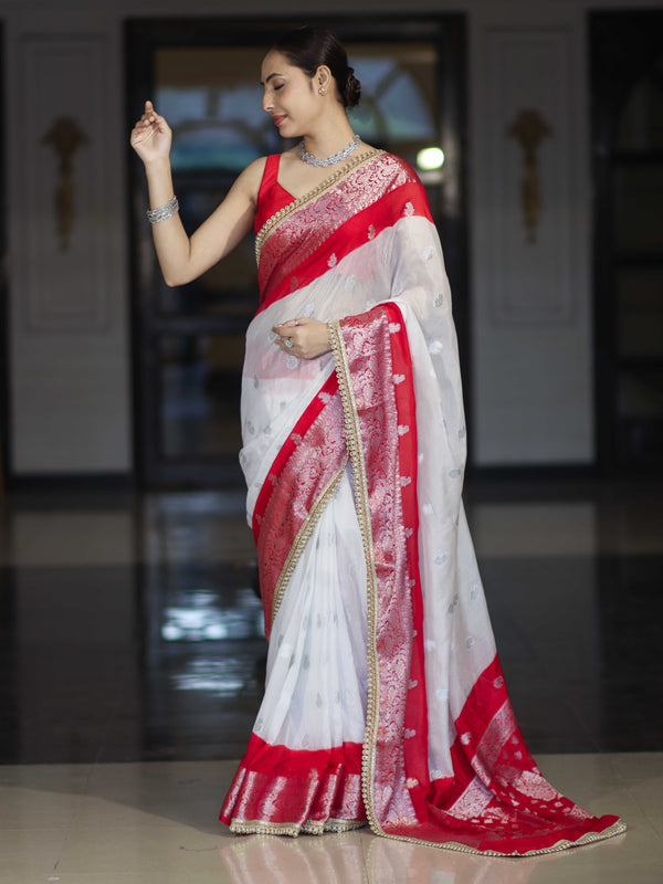Banarasee Handwoven Chiffon Saree With Zari Buta Work & Contrast Border-White & Red