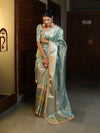 Banarasee Handwoven Tissue Saree With Stripe Pattern Zari Border & Lace-Multicolor