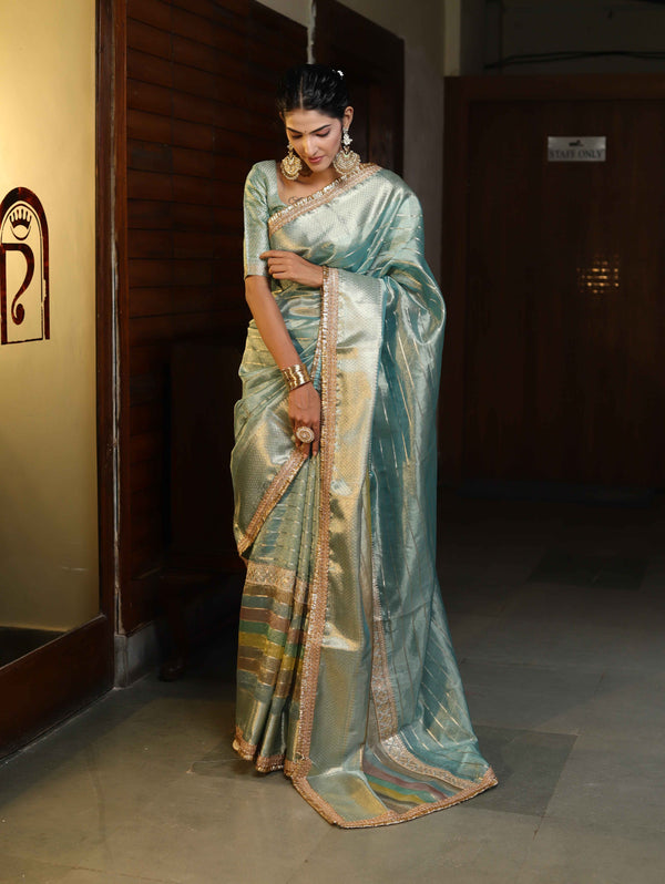 Banarasee Handwoven Tissue Saree With Stripe Pattern Zari Border & Lace-Multicolor