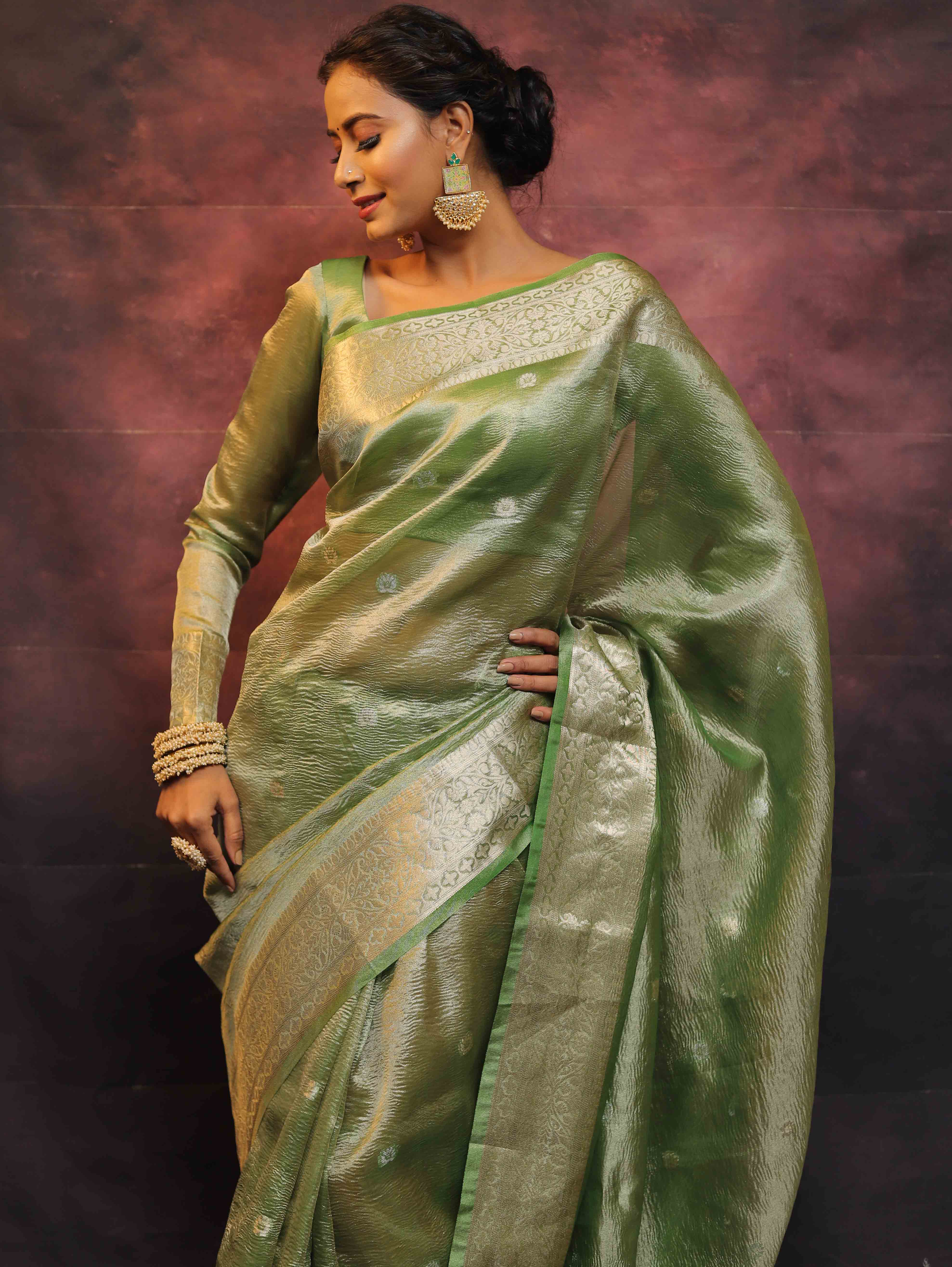 Banarasee Handwoven Silver Buta Crushed Tissue Zari Border Saree-Green