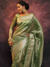 Banarasee Handwoven Silver Buta Crushed Tissue Zari Border Saree-Green