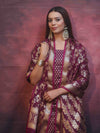 Banarasee Zari Work Semi Katan Salwar Kameez Fabric With Dupatta-Wine