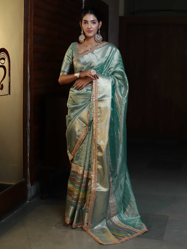 Banarasee Handwoven Tissue Saree With Stripe Pattern Zari Border & Lace-Multicolor