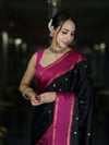 Banarasee Handloom Semi Silk Saree With Buti Design & Contrast Border-Black & Magenta
