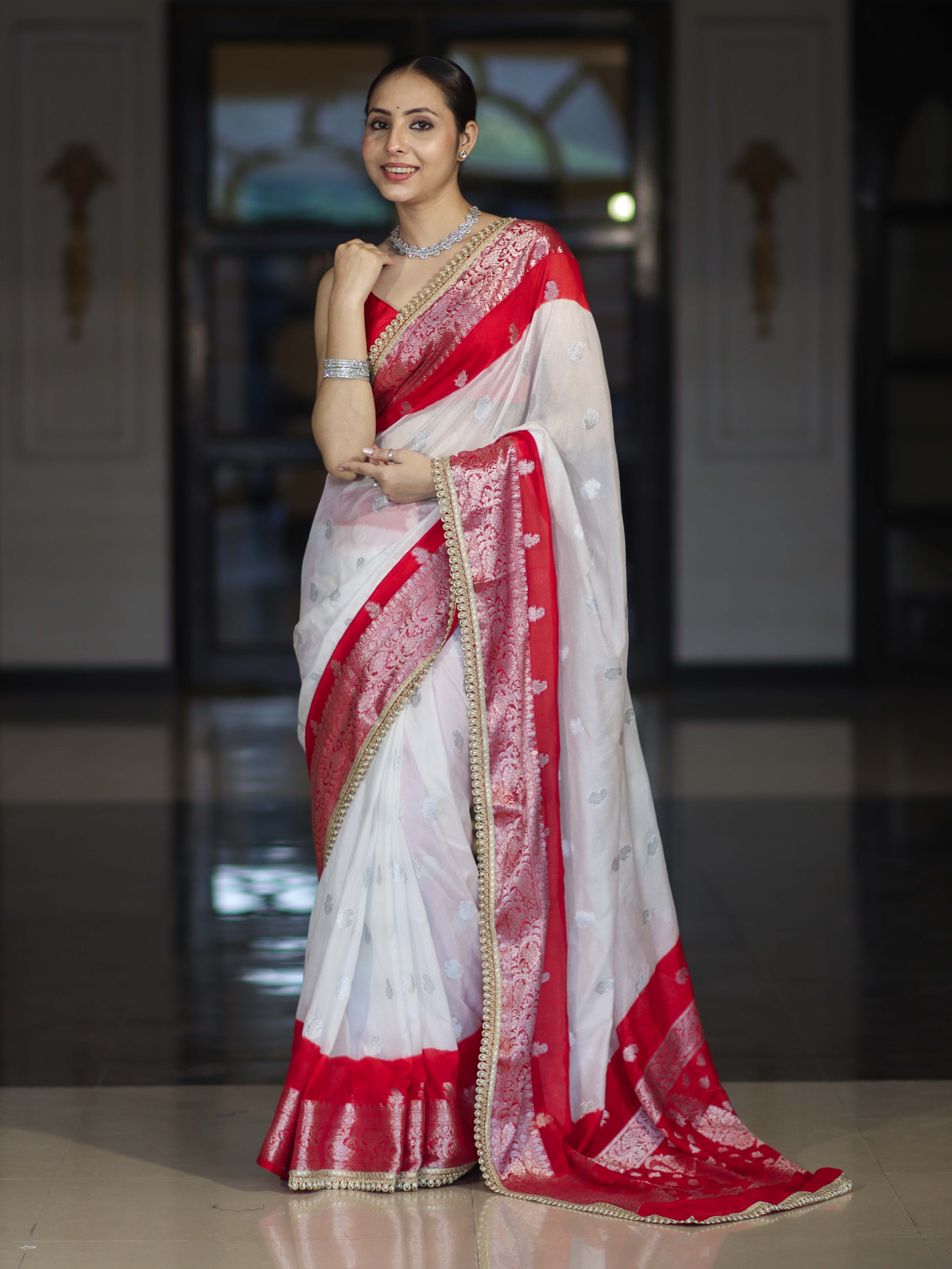 Banarasee Handwoven Chiffon Saree With Zari Buta Work & Contrast Border-White & Red
