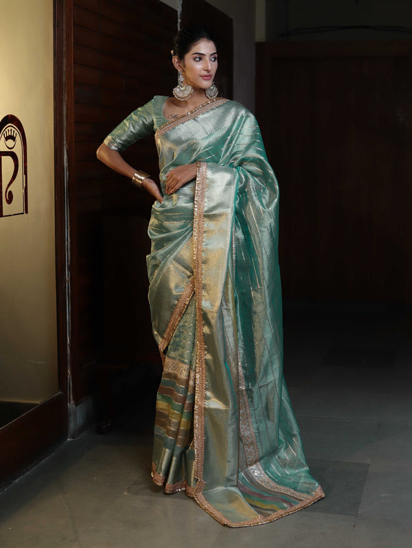 Banarasee Handwoven Tissue Saree With Stripe Pattern Zari Border & Lace-Multicolor