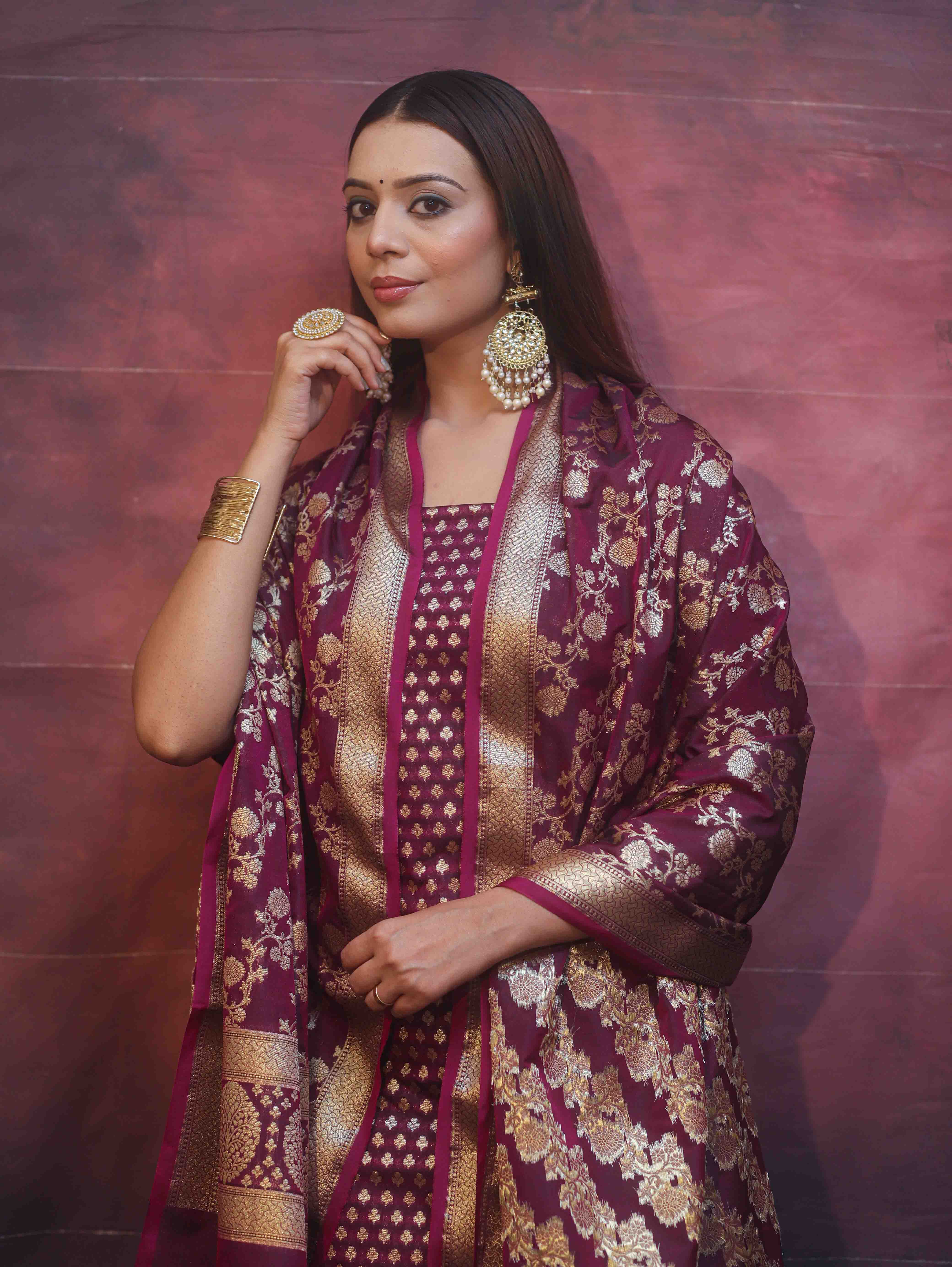 Banarasee Zari Work Semi Katan Salwar Kameez Fabric With Dupatta-Wine