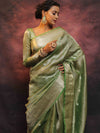Banarasee Handwoven Silver Buta Crushed Tissue Zari Border Saree-Green