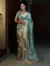 Banarasee Handwoven Tissue Saree With Stripe Pattern Zari Border & Lace-Multicolor