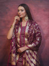 Banarasee Zari Work Semi Katan Salwar Kameez Fabric With Dupatta-Wine