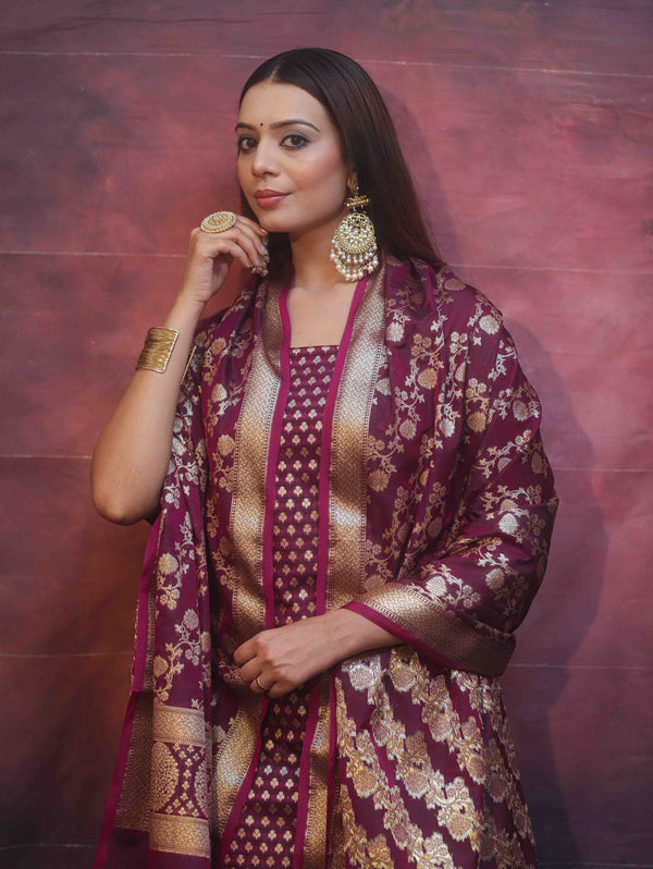 Banarasee Zari Work Semi Katan Salwar Kameez Fabric With Dupatta-Wine