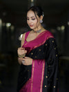Banarasee Handloom Semi Silk Saree With Buti Design & Contrast Border-Black & Magenta
