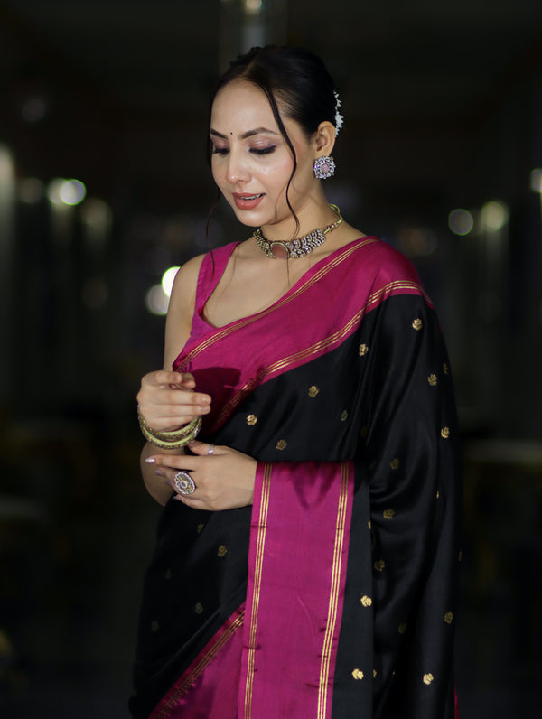 Banarasee Handloom Semi Silk Saree With Buti Design & Contrast Border-Black & Magenta