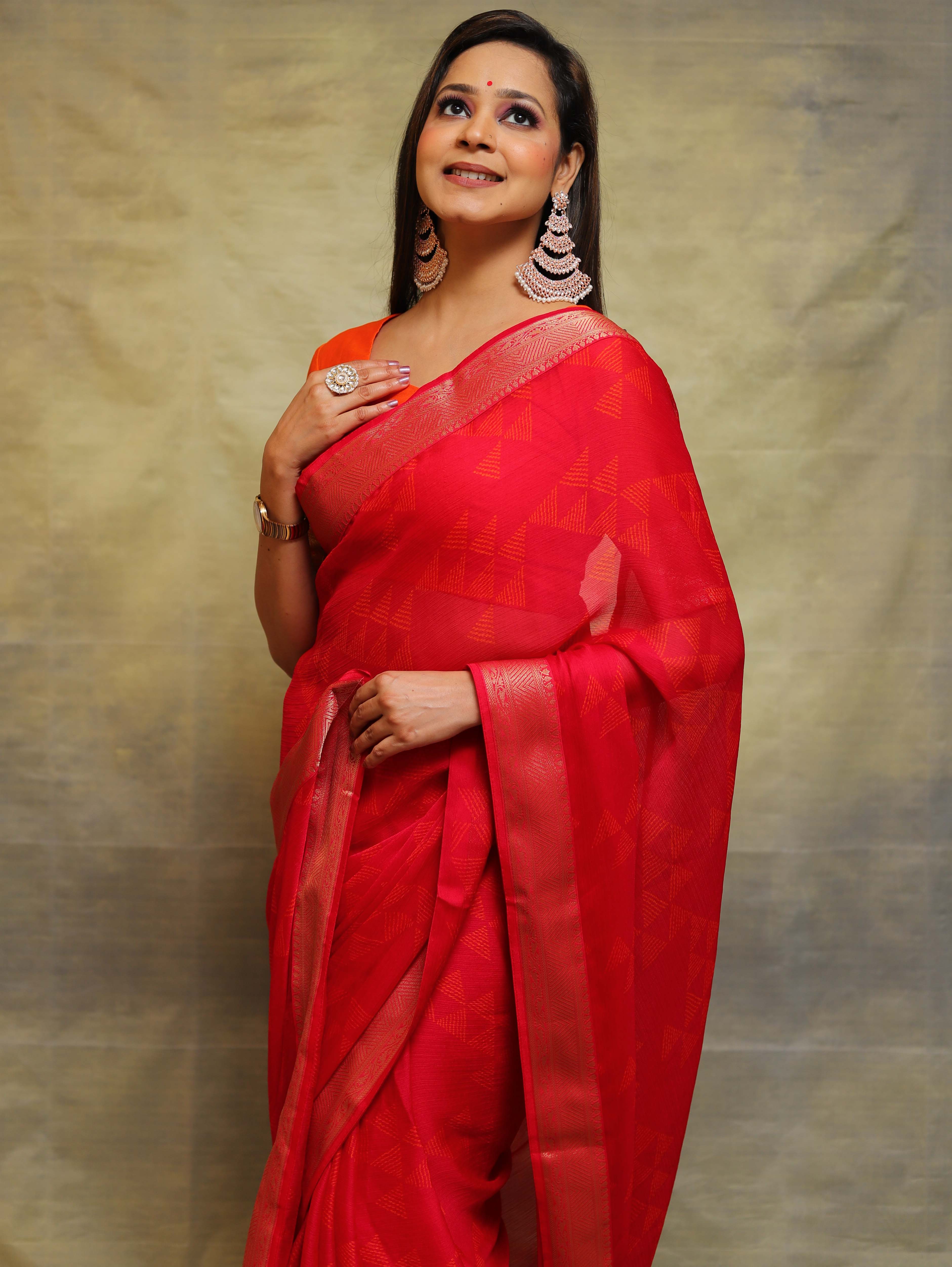 Banarasee Chiffon Blend Saree Chunri Print Zari Border & Silk Blouse-Pink