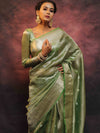 Banarasee Handwoven Silver Buta Crushed Tissue Zari Border Saree-Green