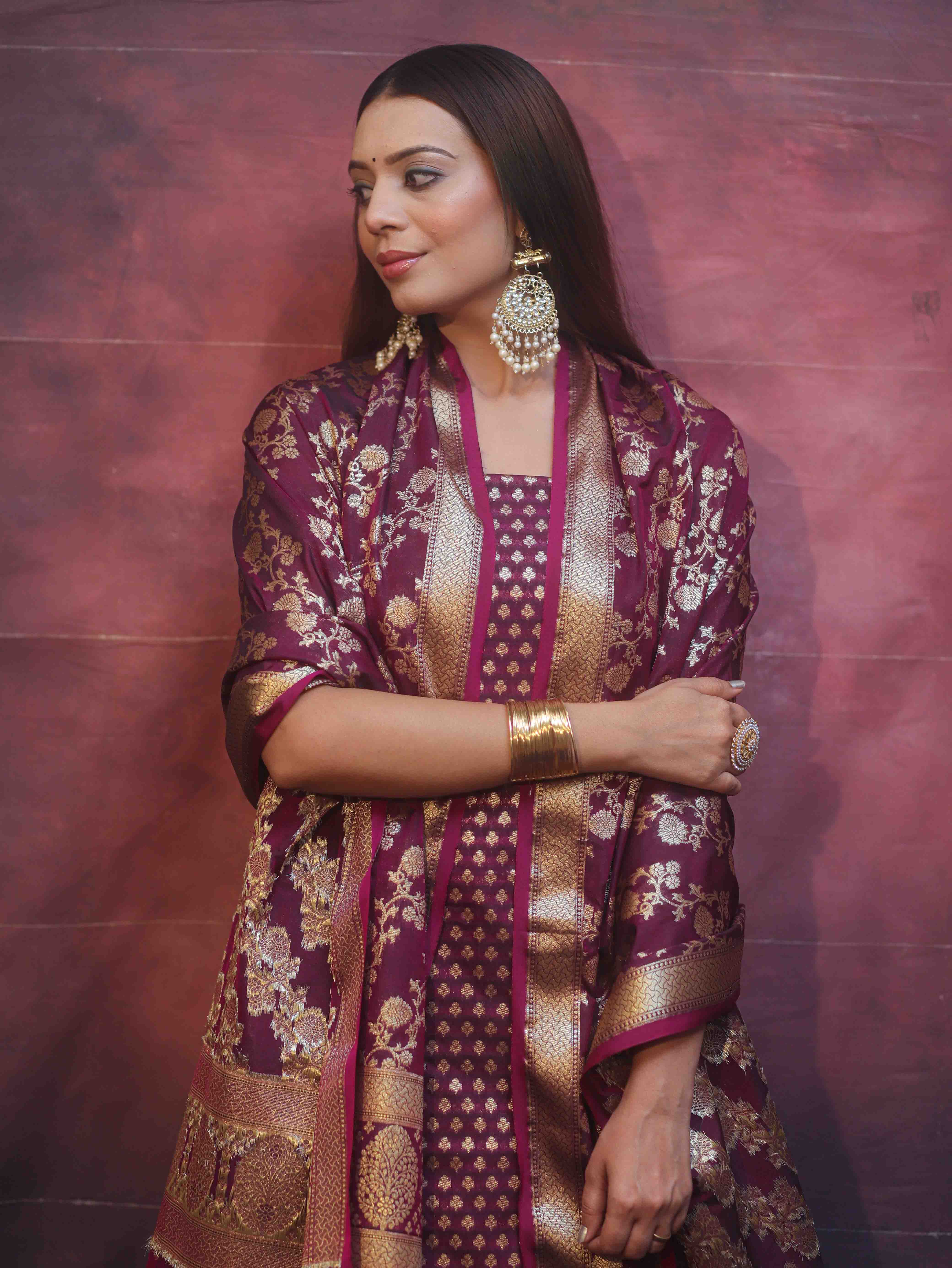 Banarasee Zari Work Semi Katan Salwar Kameez Fabric With Dupatta-Wine