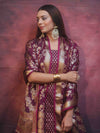 Banarasee Zari Work Semi Katan Salwar Kameez Fabric With Dupatta-Wine