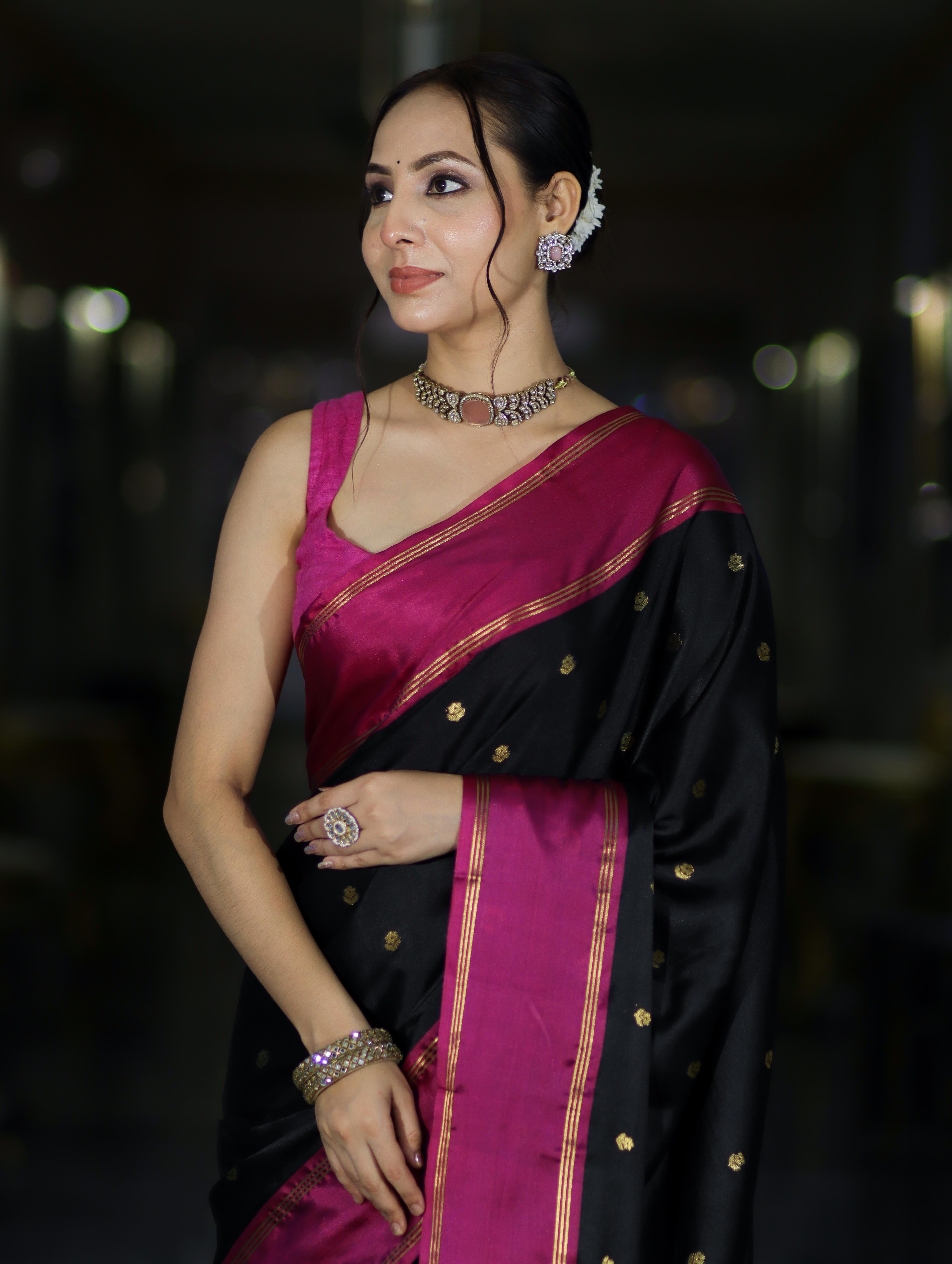 Banarasee Handloom Semi Silk Saree With Buti Design & Contrast Border-Black & Magenta