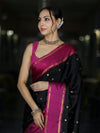 Banarasee Handloom Semi Silk Saree With Buti Design & Contrast Border-Black & Magenta