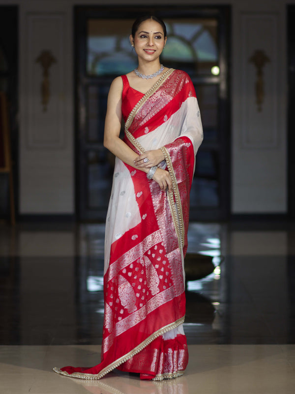 Banarasee Handwoven Chiffon Saree With Zari Buta Work & Contrast Border-White & Red