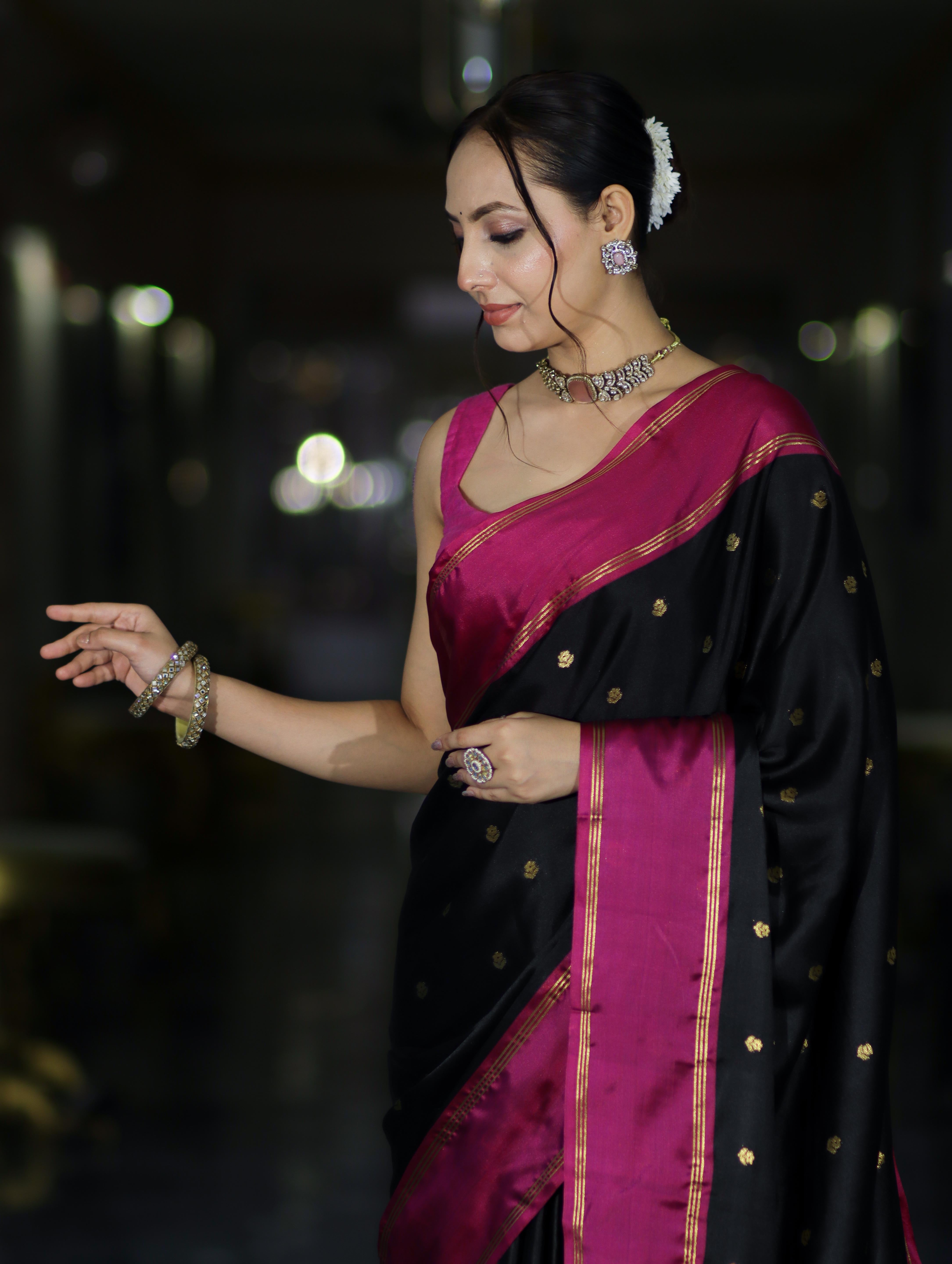 Banarasee Handloom Semi Silk Saree With Buti Design & Contrast Border-Black & Magenta