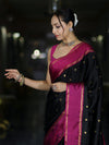 Banarasee Handloom Semi Silk Saree With Buti Design & Contrast Border-Black & Magenta