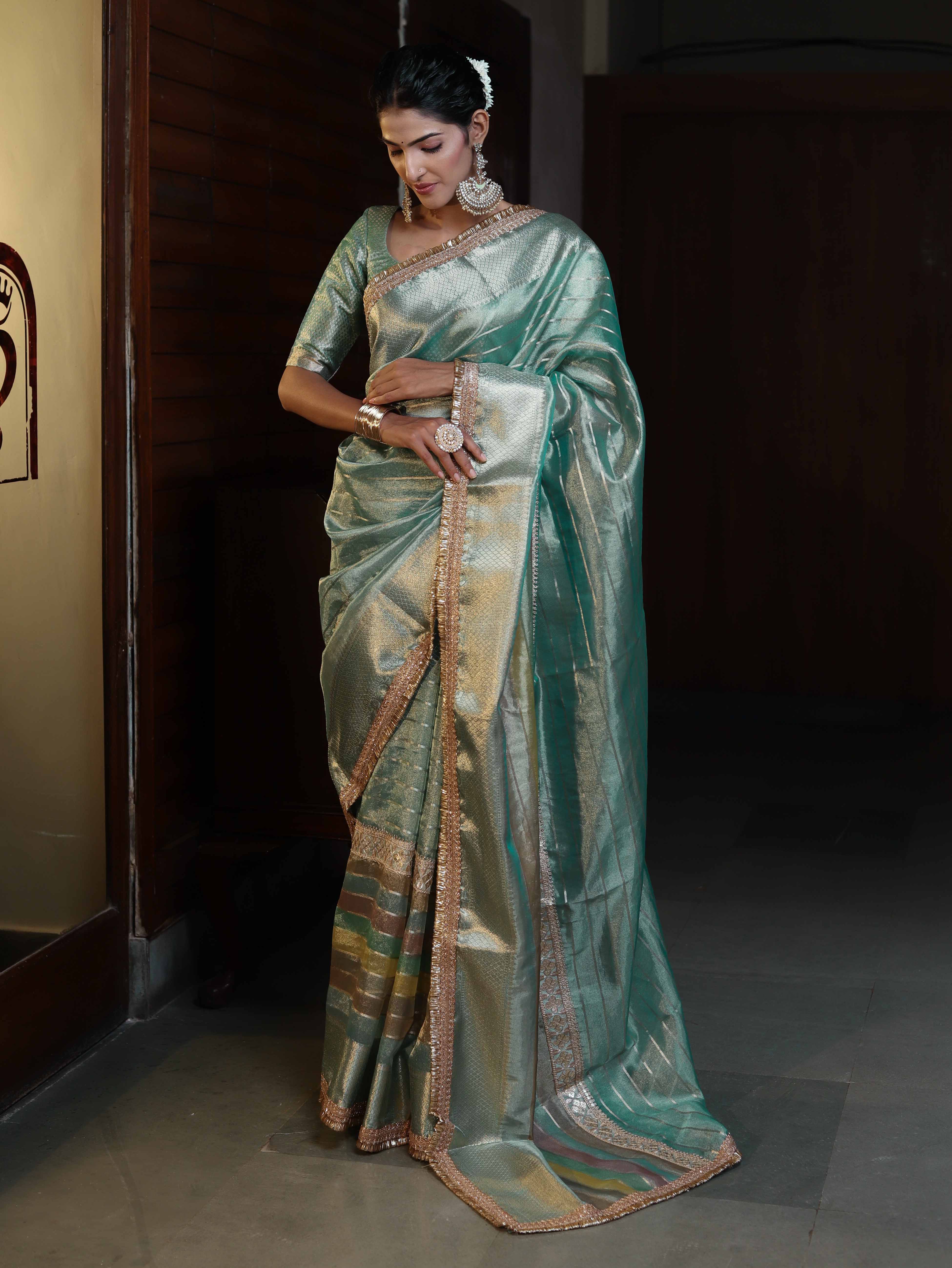 Banarasee Handwoven Tissue Saree With Stripe Pattern Zari Border & Lace-Multicolor