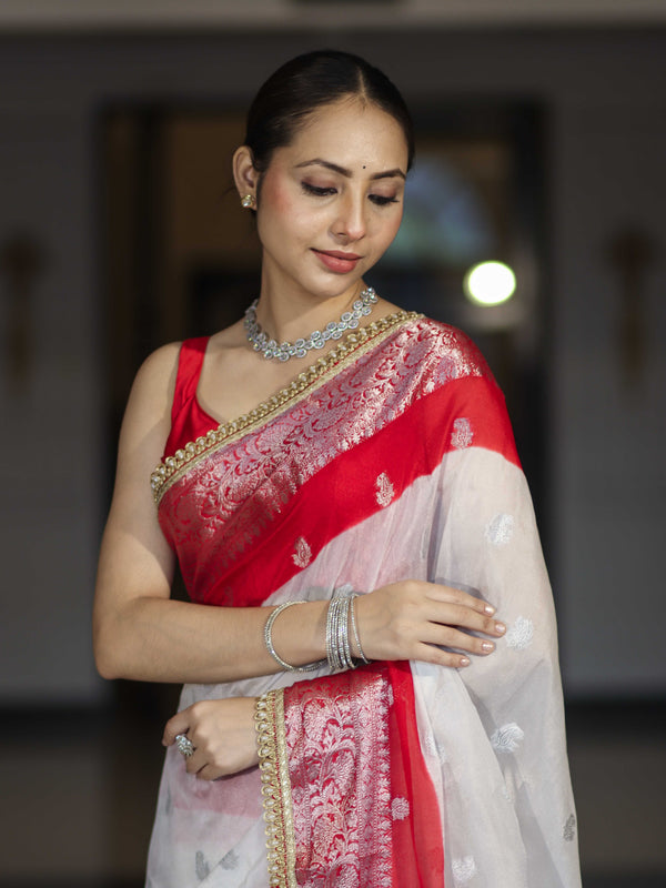 Banarasee Handwoven Chiffon Saree With Zari Buta Work & Contrast Border-White & Red