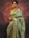 Banarasee Handwoven Silver Buta Crushed Tissue Zari Border Saree-Green