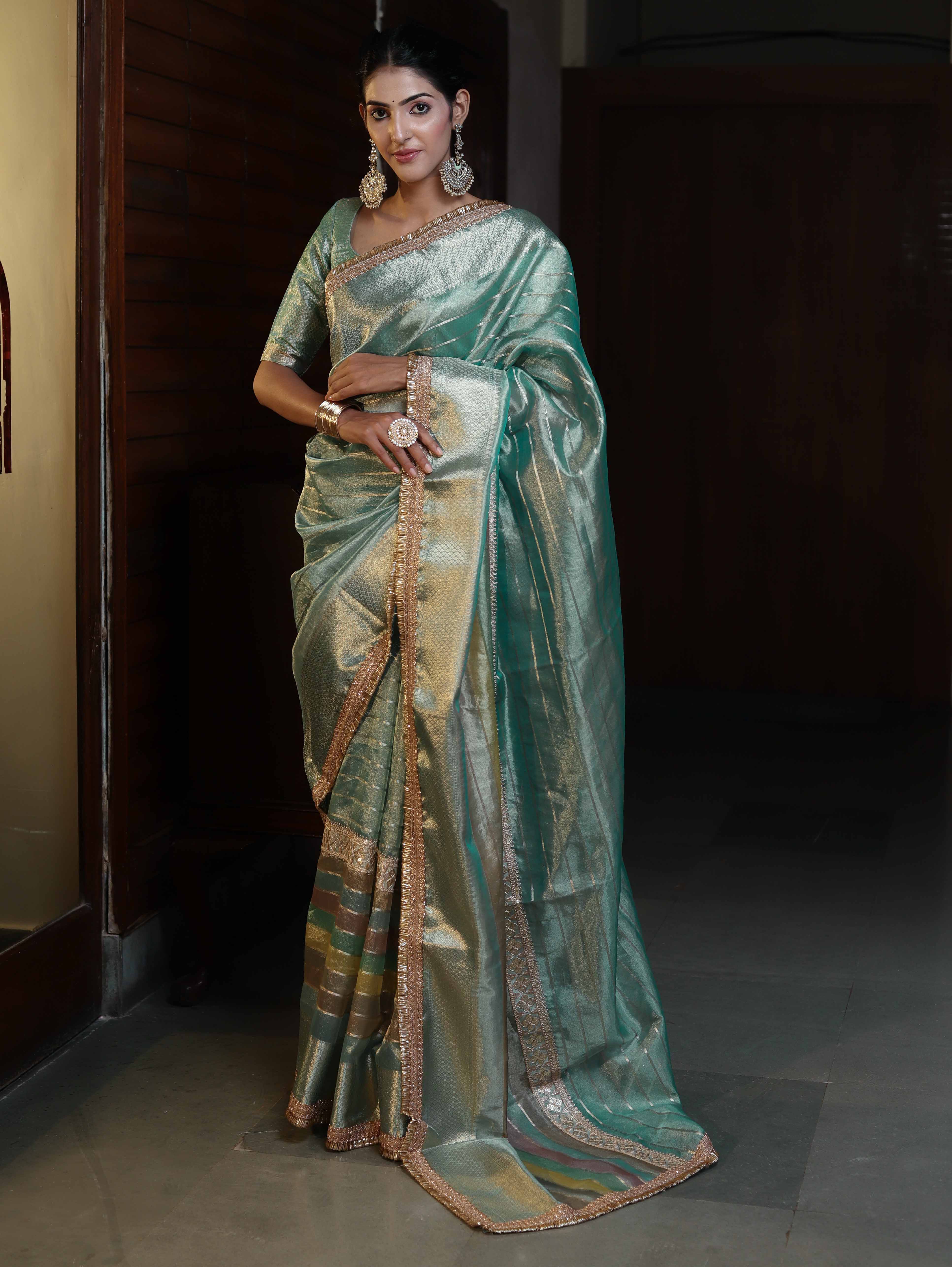 Banarasee Handwoven Tissue Saree With Stripe Pattern Zari Border & Lace-Multicolor