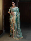 Banarasee Handwoven Tissue Saree With Stripe Pattern Zari Border & Lace-Multicolor