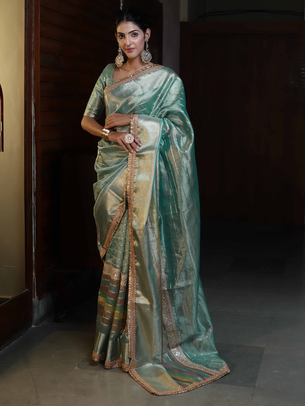 Banarasee Handwoven Tissue Saree With Stripe Pattern Zari Border & Lace-Multicolor