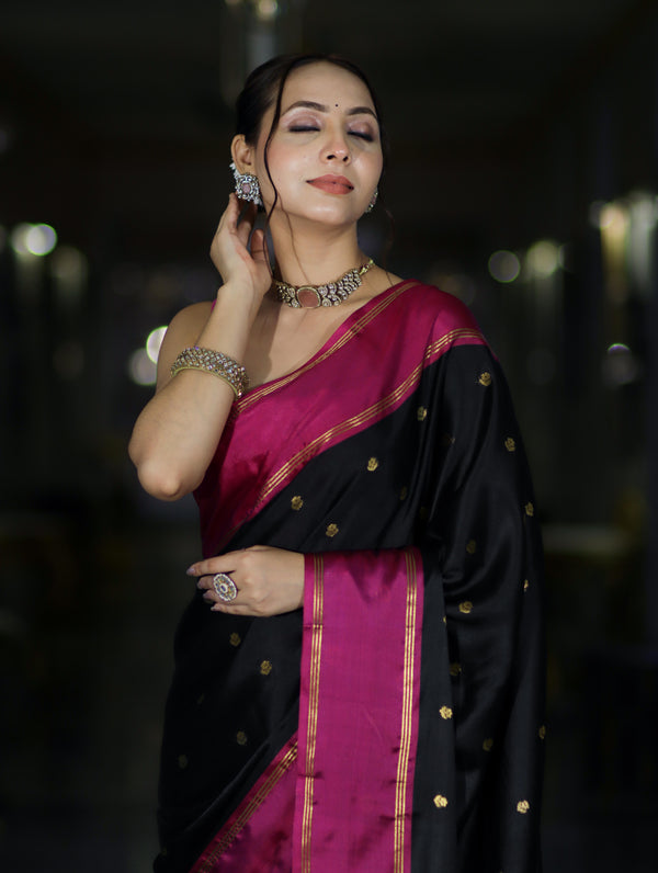 Banarasee Handloom Semi Silk Saree With Buti Design & Contrast Border-Black & Magenta