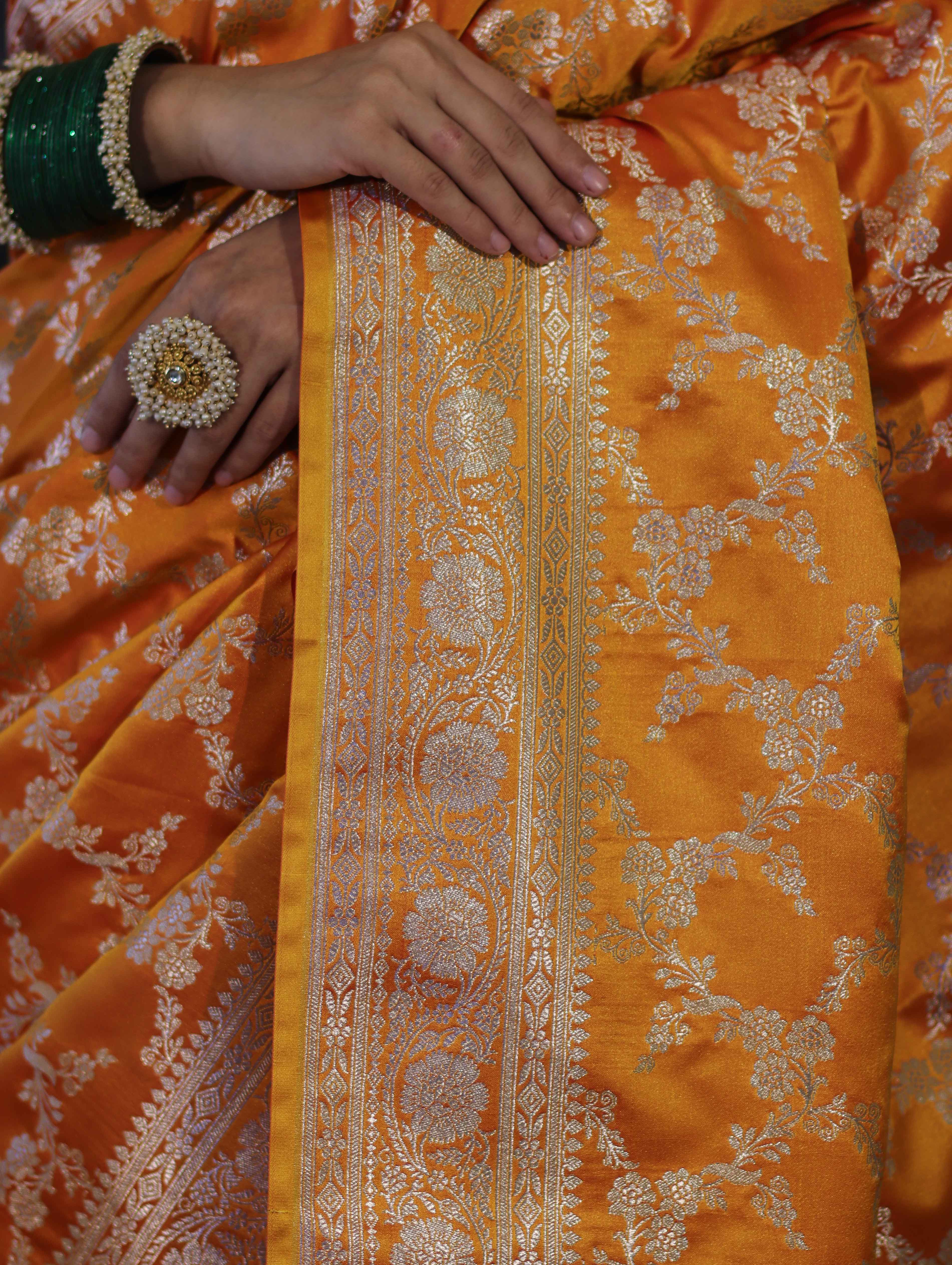 Banarasee Handloom Mashru Silk Saree With Zari Jaal Work & Floral Border-Yellow