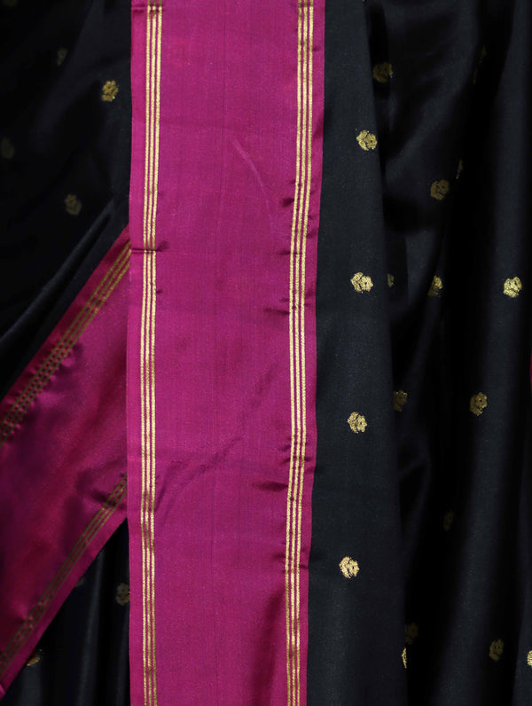 Banarasee Handloom Semi Silk Saree With Buti Design & Contrast Border-Black & Magenta