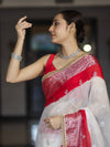 Banarasee Handwoven Chiffon Saree With Zari Buta Work & Contrast Border-White & Red
