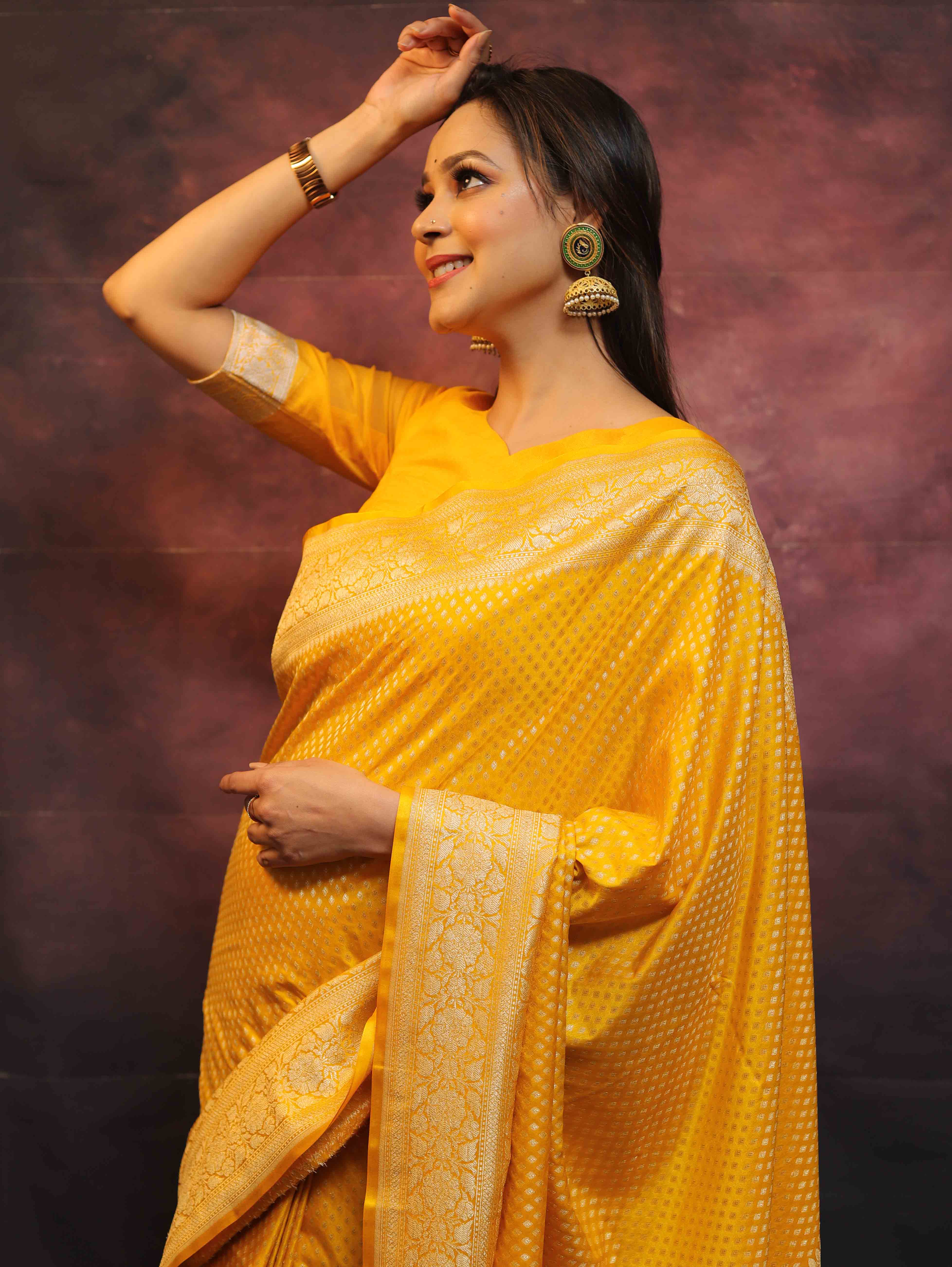 Banarasee Semi-Katan Zari Buta Saree-Yellow