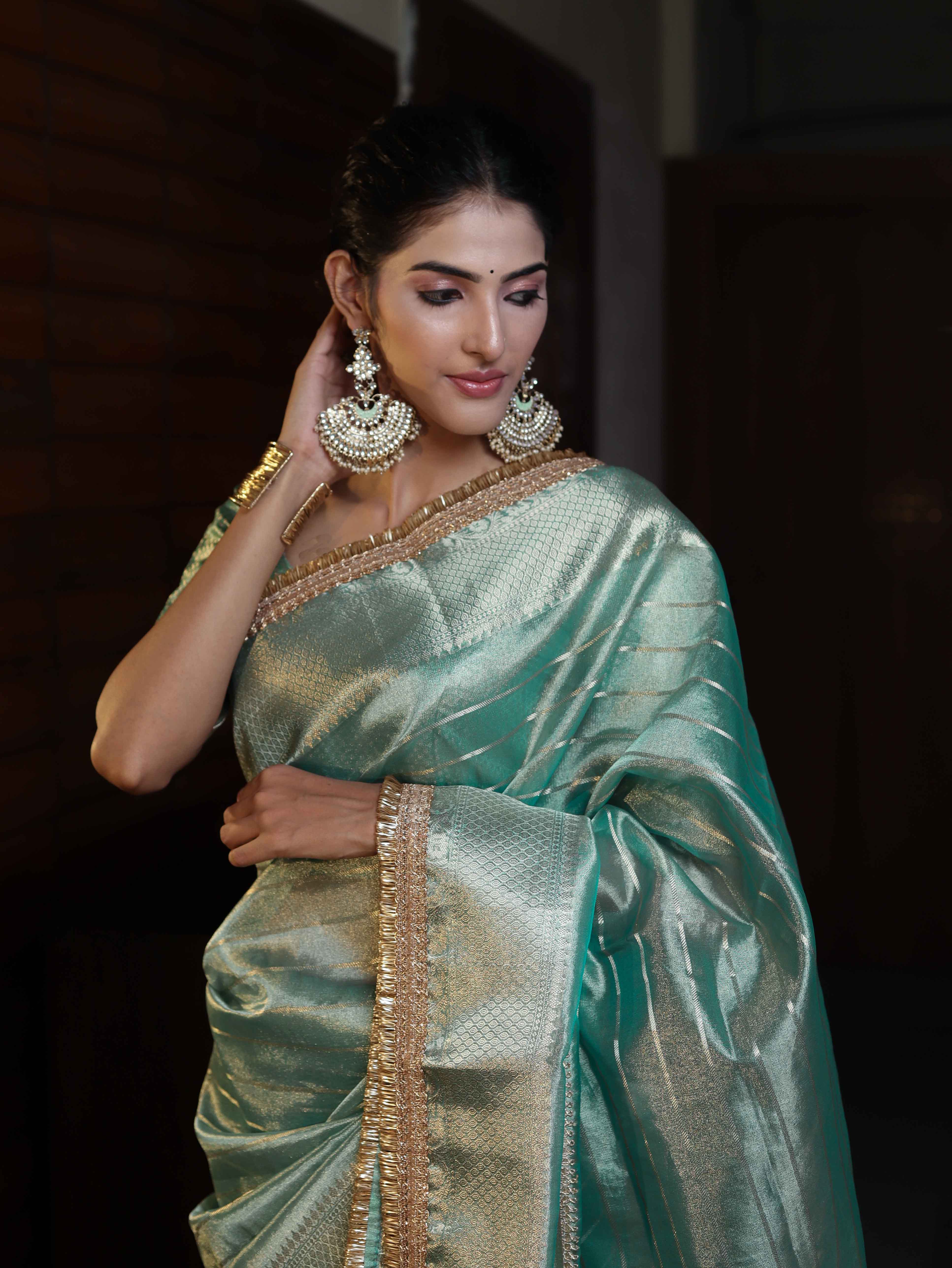 Banarasee Handwoven Tissue Saree With Stripe Pattern Zari Border & Lace-Multicolor