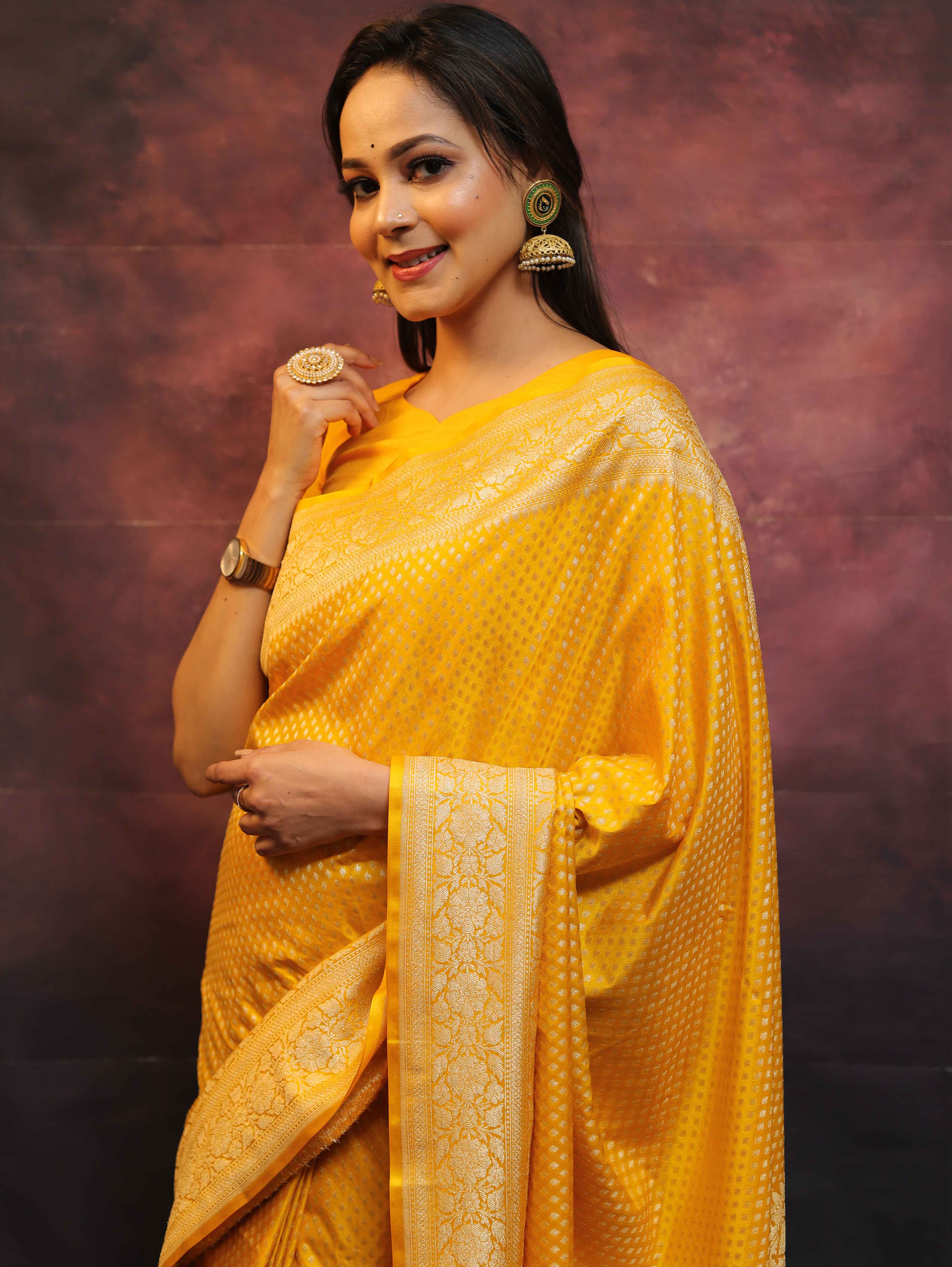 Banarasee Semi-Katan Zari Buta Saree-Yellow