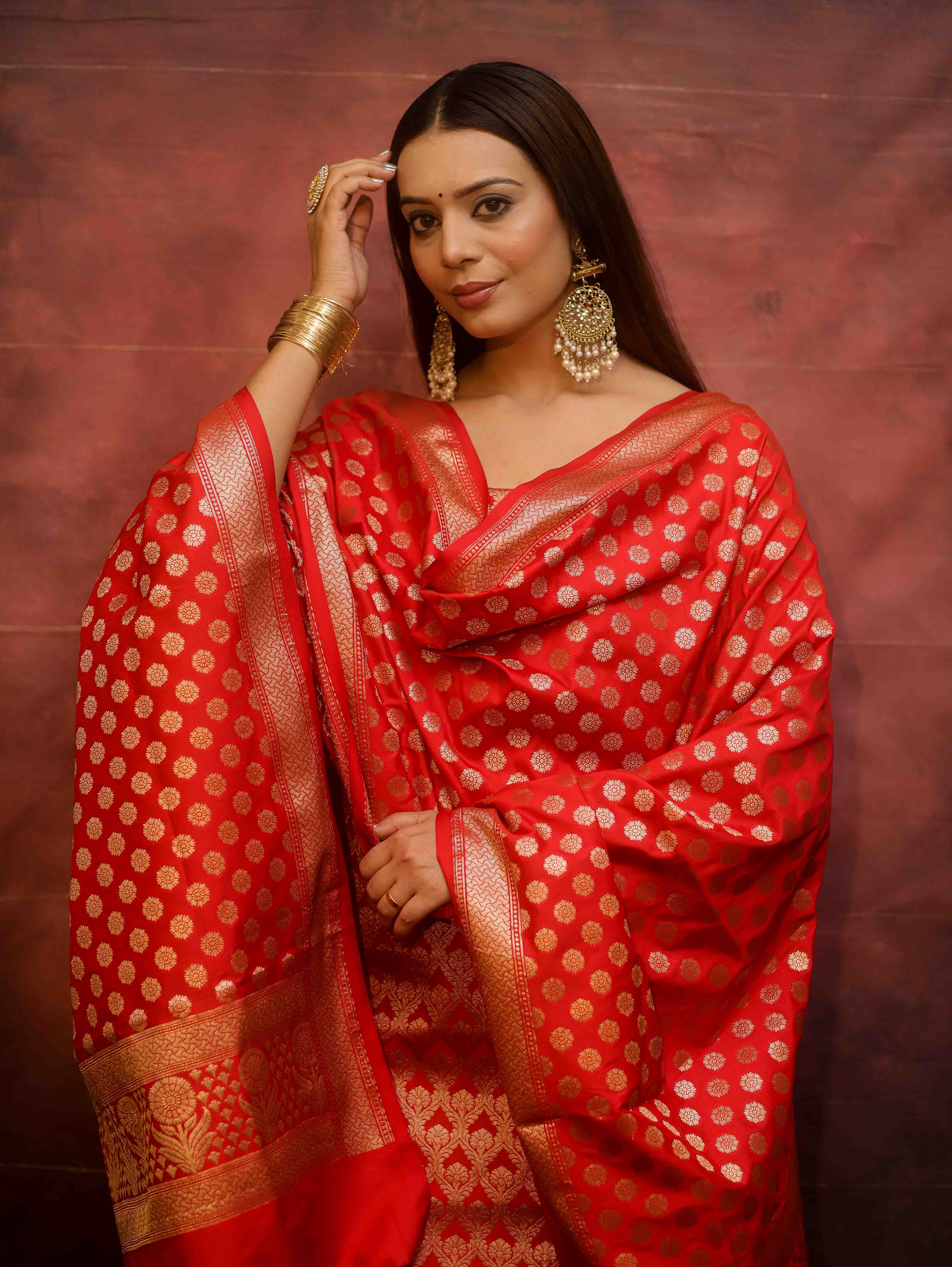Banarasee Zari Work Semi Katan Salwar Kameez Fabric With Dupatta-Red