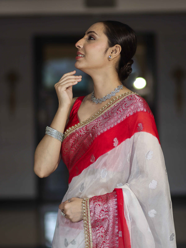 Banarasee Handwoven Chiffon Saree With Zari Buta Work & Contrast Border-White & Red