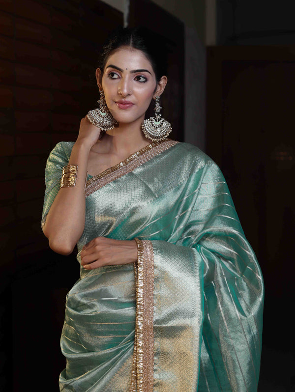 Banarasee Handwoven Tissue Saree With Stripe Pattern Zari Border & Lace-Multicolor