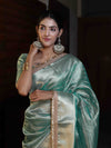 Banarasee Handwoven Tissue Saree With Stripe Pattern Zari Border & Lace-Multicolor