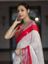 Banarasee Handwoven Chiffon Saree With Zari Buta Work & Contrast Border-White & Red