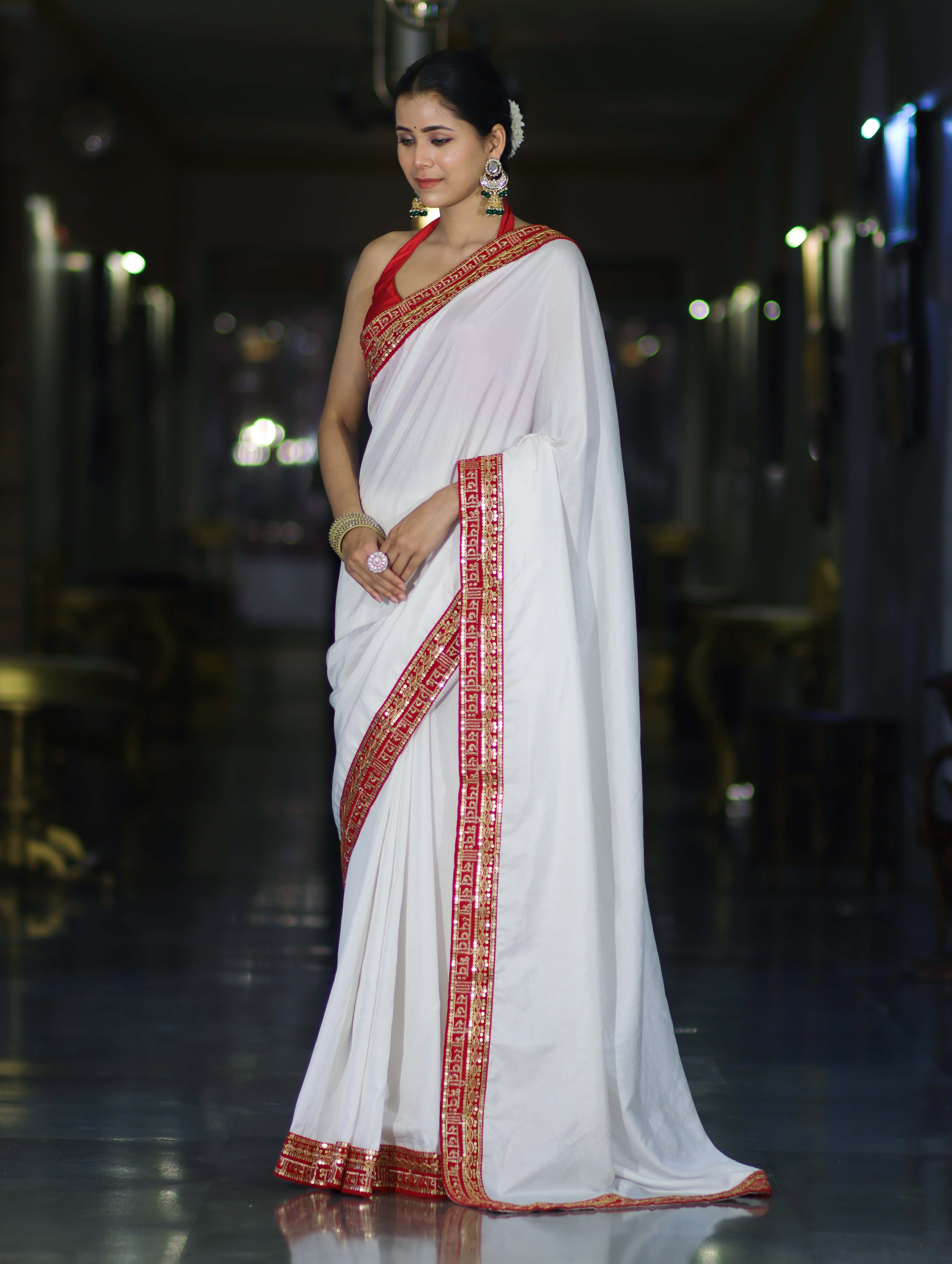 Banarasee Handloom Satin Silk (Saubhagyavati Bhava) Lace Saree-White