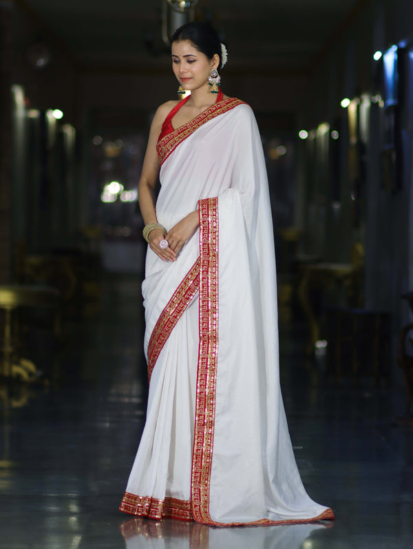 Banarasee Handloom Satin Silk (Saubhagyavati Bhava) Lace Saree-White