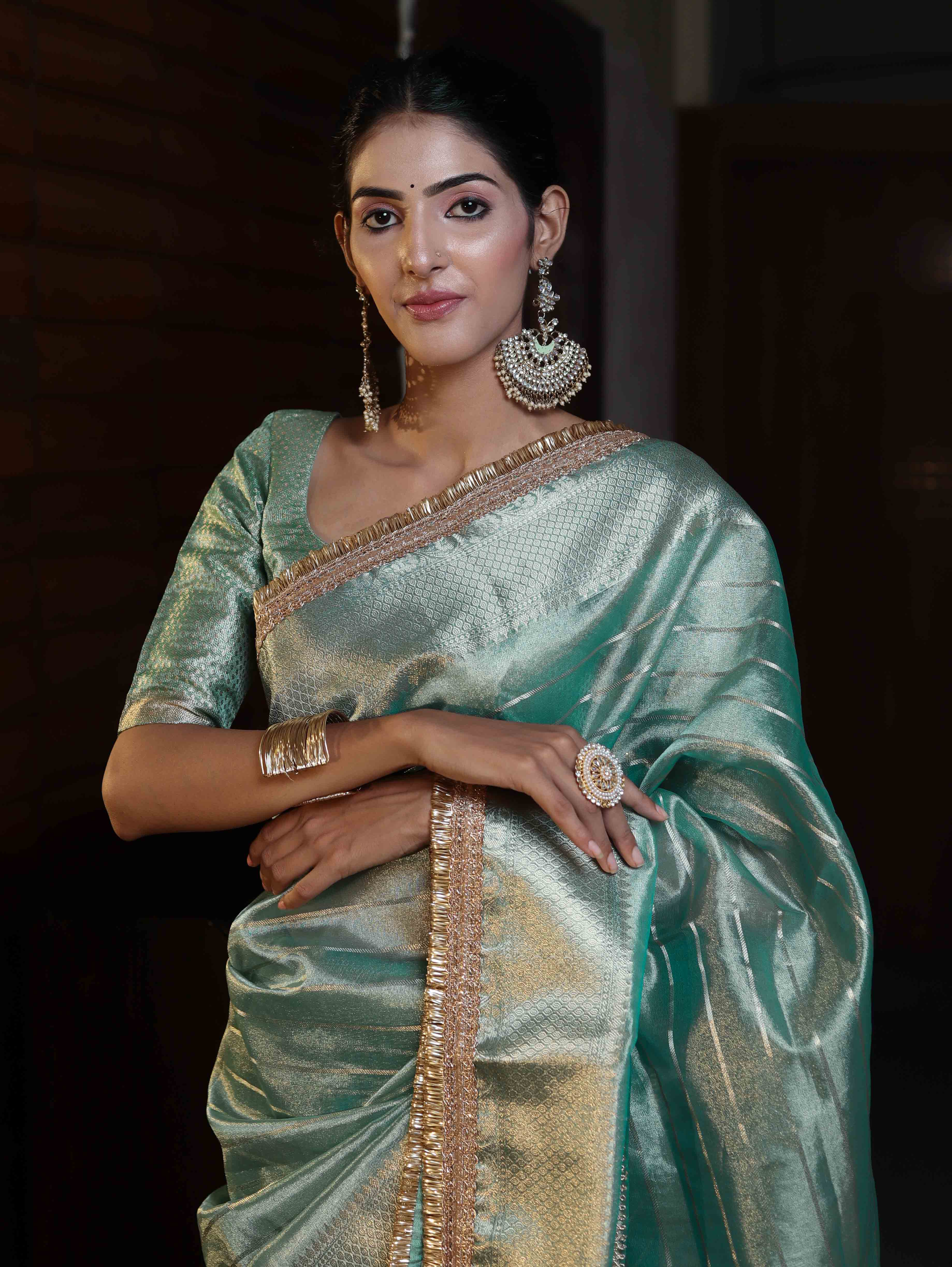 Banarasee Handwoven Tissue Saree With Stripe Pattern Zari Border & Lace-Multicolor