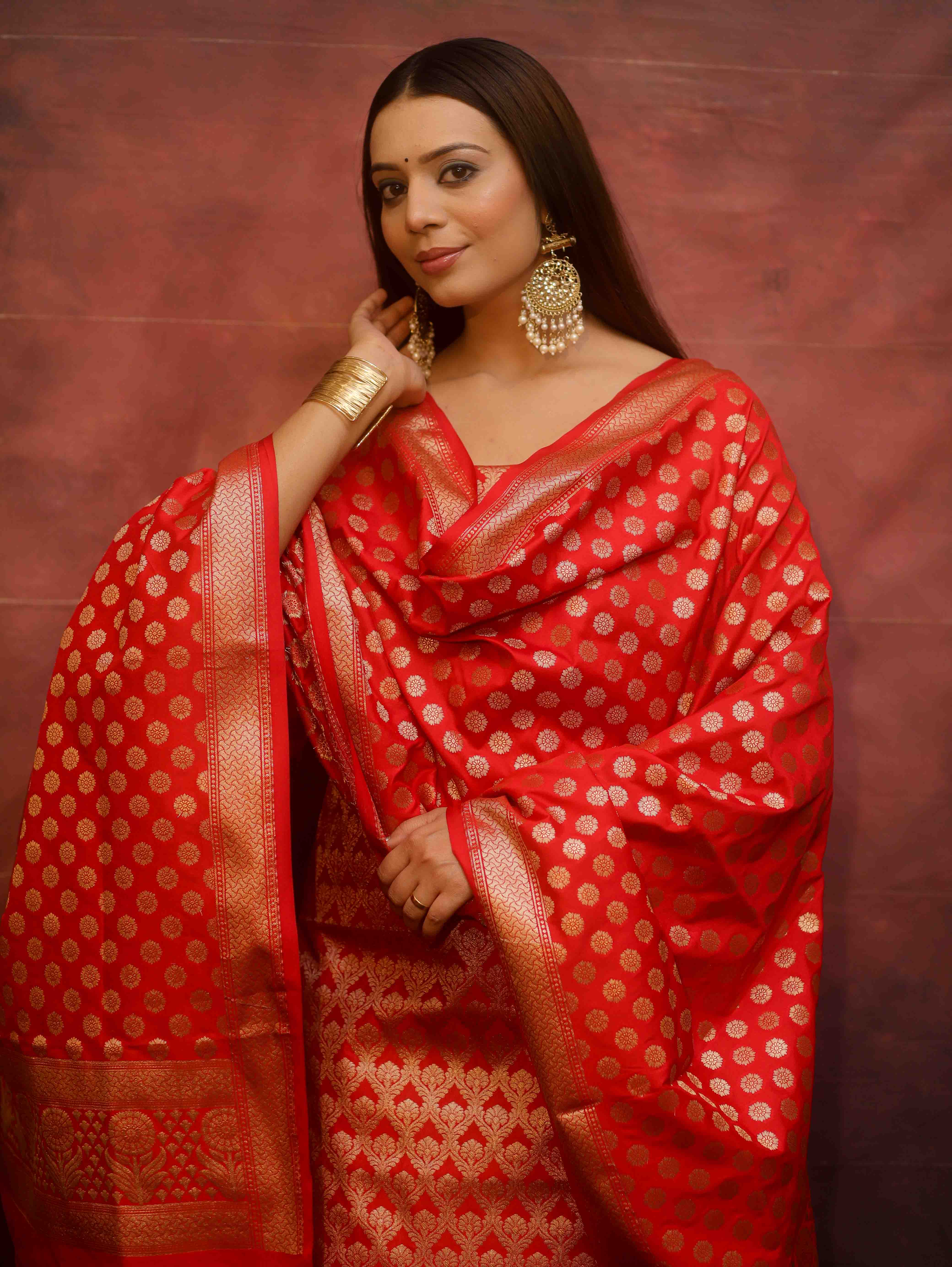 Banarasee Zari Work Semi Katan Salwar Kameez Fabric With Dupatta-Red
